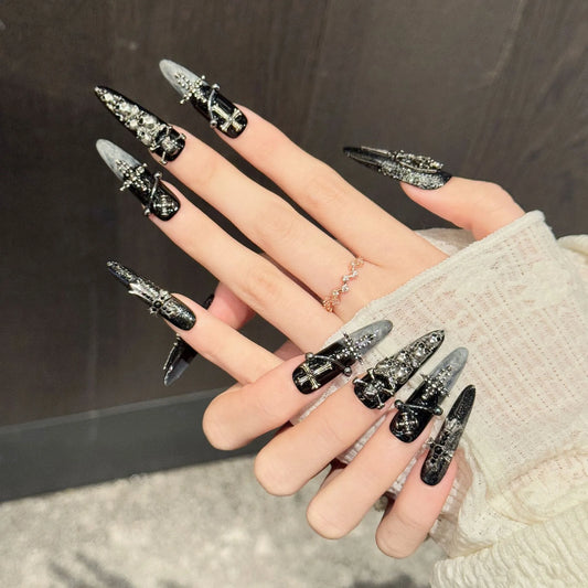 10PCS Stiletto Handmade Press On Nails,Skeleton Cross Heavy Metal Niche Punk,Suitable For Festivals Parties And Daily Wear