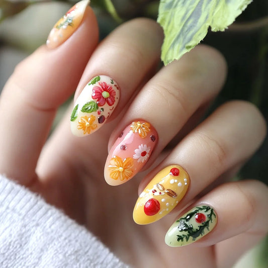 24Pcs Yellow French Fake Nails Mid-length Almond Detachable Press on False Nails Ladybug Strawberry Flower Full Cover Nails Tips