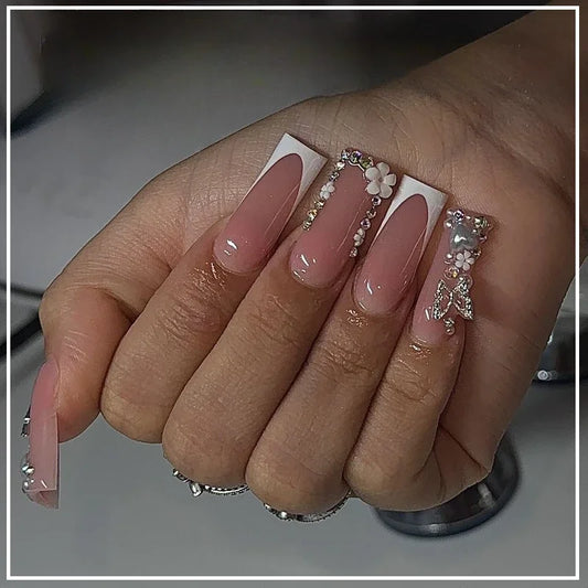 24Pcs Long False Nails Press on Nails Full Cover Butterfly French Coffin Glitter Small Diamonds Wearable Manicure Nail Tips Art