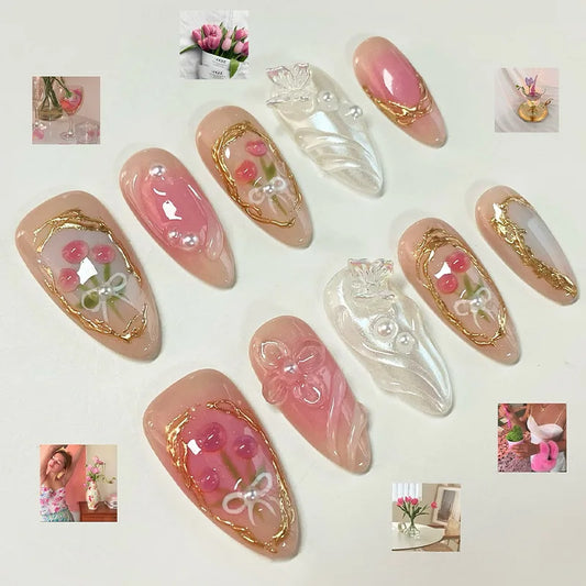 24pcs Almond French Pearl Press on Nails 3D Flower Blueberry Fake Nails with Blue Gradient Reusable Full Cover False Nails Tips