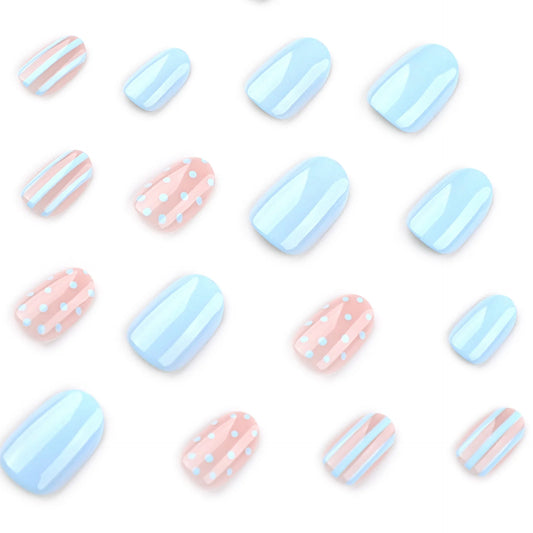 24pcs INS Striped Polka Dot Fake Nails French Blue Short Round/Almond Press on nails for Girls Wearing Sweet Korean Fake Nails