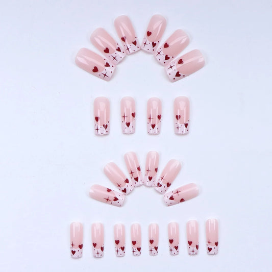 24pcs White Square Red Hearts Cover Fake Nails Detachable and Reusable Jelly Glue 1pc Cuticle Pusher Suitable for Girl and Women