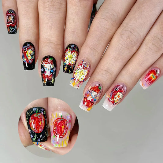 24pcs Retro Red Fake Nail Tips Glossy Gold Foil Design Press on Nail Wearable Red Rose Flower Print False Nails for Women Girls
