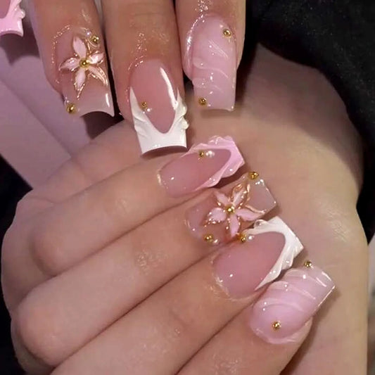 24Pcs Mid-length White French Square Fake Nails Press on 3D Flower Pearl Shell False Nails with Cat's Eye Wearable Manicure Tips