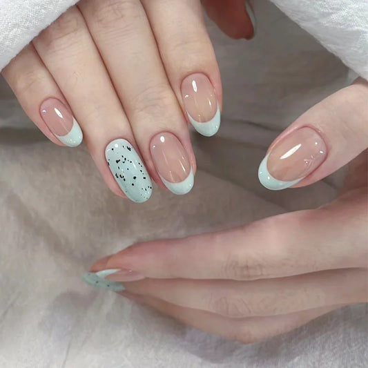 24Pcs Almond Fake Nails with White Edge Design Wearable French Press on Nails Simple Finished Full Cover Acrylic Nail Tips Tools