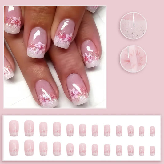 Medium long fake nails for women girls nude pink colors with flowers sparkling glitters square ballet tips press on nails art