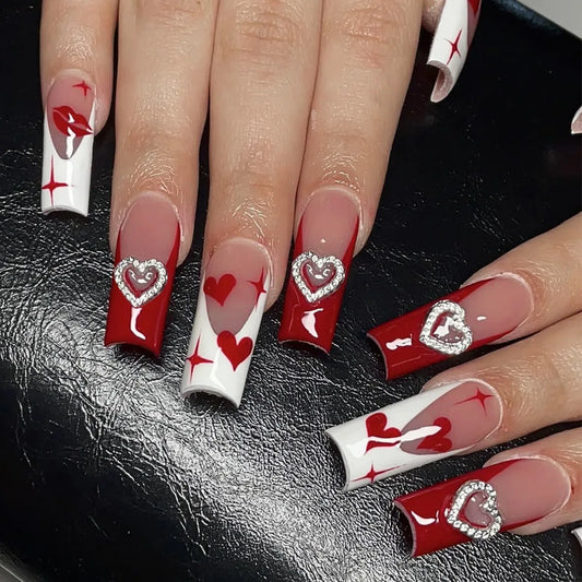 24Pcs Long Square Head Press on False Nails Red Flower Rhinestone French Fake Nail 3D Butterfly Detachable Full Cover Nails Tips