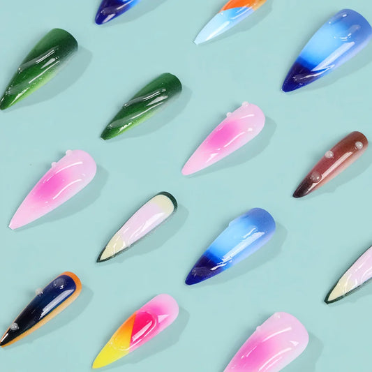 24pcs Color Almond Press on Nails Ins 3d Water Drop Gel Design Fake Nails for Women Girls Manicure Wearable French False Nails