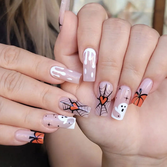 24pcs Long Pointed False Nails European Halloween Fake Nail Patch Full Cover Wearable Ghost Spider Pattern Design Press on Nails