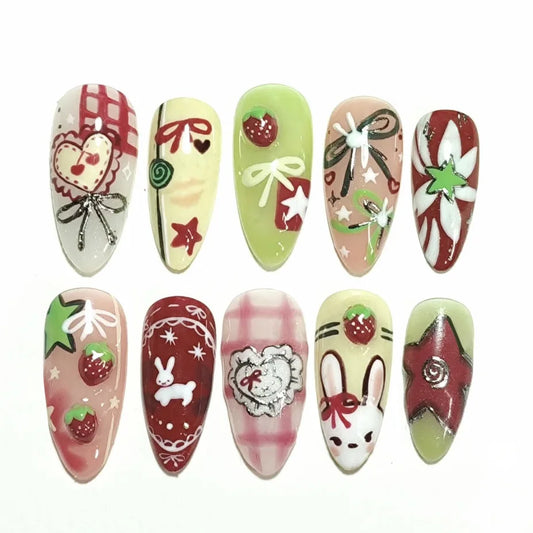 24Pcs Pink Bow Grid Press on False Nails with Heart Rhinestone Pearl Full Cover Nails Tips Mid-length Almond Wearable Fake Nails