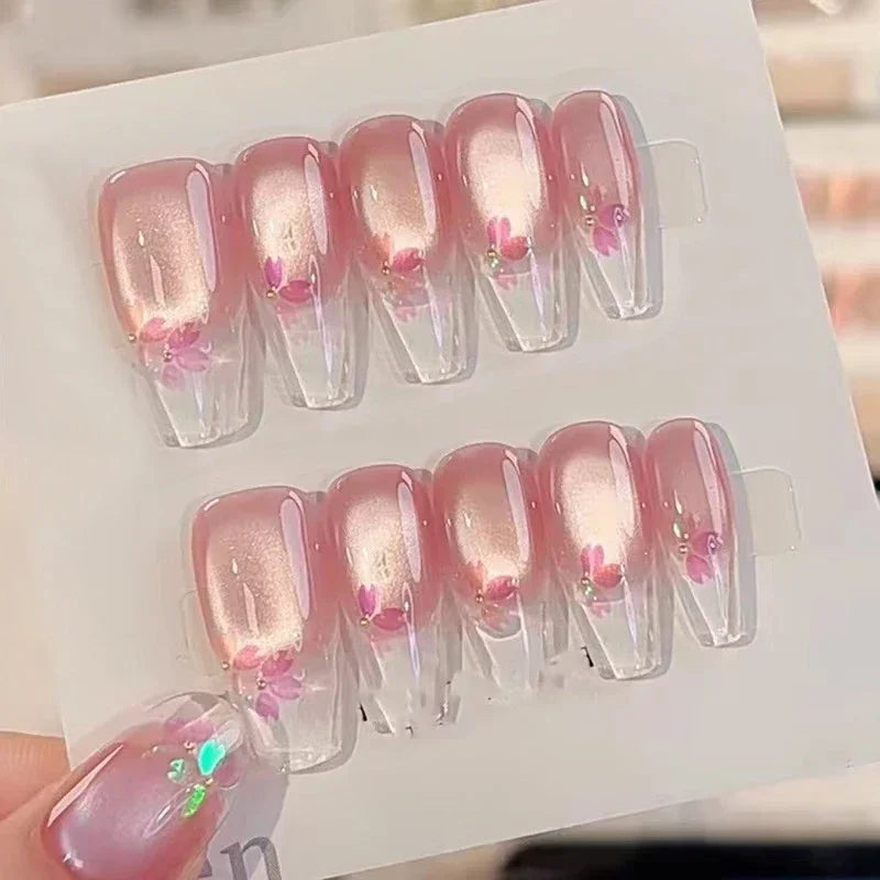 Pink cat eye pearl French coffin press-on nails