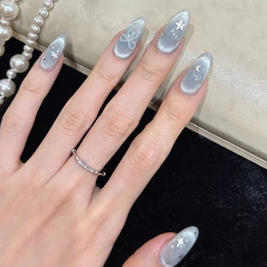 10Pcs Glitter Cat Eye Dreamy Manicure False Nails Art French Simple Shiny Press on Nails Handmade Removable Almond Nail Stickers