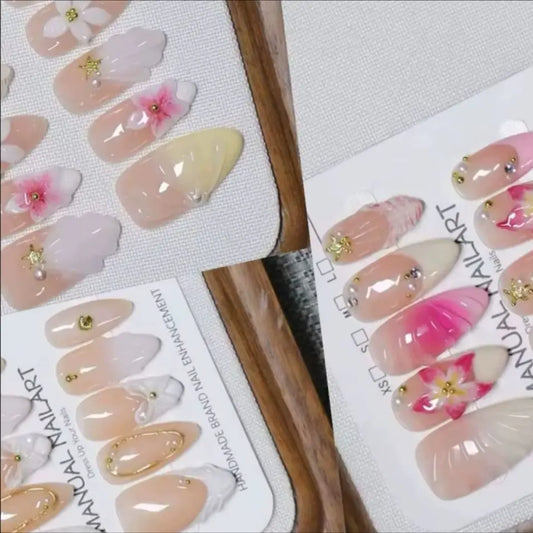 10Pcs French Almond Handmade Press on Nails Hand-painted Flowers Design Mid-length Red Pink Gradient Wearable Fake Nails Set Hot