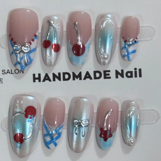 10Pcs Handmade Press on Nails Summer Fruit Decor False Nails Full Cover Wearable Sweet Orange Banana Almond Fake Nail Tips Art