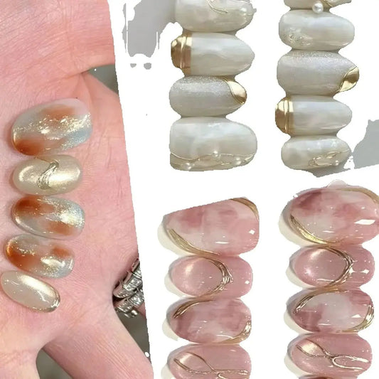 10Pcs Short Oval Press on Nails Shiny Cat Eyes Gold Foil Design Lovely Handmade Fake Nails Set Wearable Nails Art Tips for Gifts