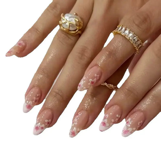 24Pcs Light Blue Gradient Almond False Nails French Designs Handmade Fashion Flowers Starfish Stick on Nails Summer for Vacation