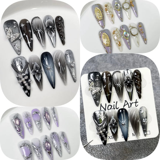 10Pcs Black Gradient Long Stiletto Press on Nails Artificial Spice 3D Metallic  Butterfly Florals Designs Detachable False Nails