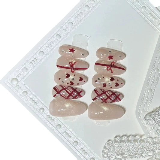 10pcs Handmade Wine-red Bow False Nails French Style Almond Fake Nail Cat Eye Love Heart Rhinestone Design Press on Acrylic Nail