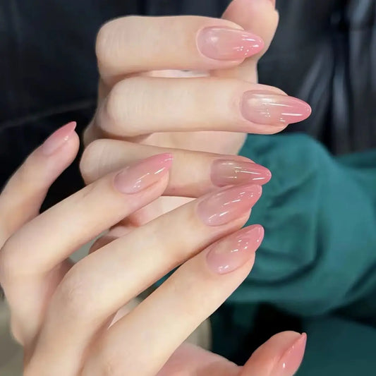 24Pcs French Short Almond Gradient Pink Nail Tips Full Cover Glitter Cat Eye Designs Detachable Acrylic Fake Nails Set Manicure