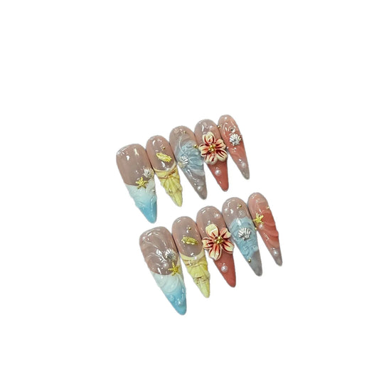 10Pcs Long Tips Almond False Nails Tips Art Dark Wine Red French Flowers Designs Nail Stickers Removable Manicures Fashion Nail