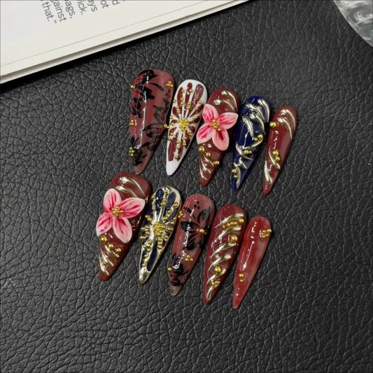 10Pcs Long Tips Almond False Nails Tips Art Dark Wine Red French Flowers Designs Nail Stickers Removable Manicures Fashion Nail