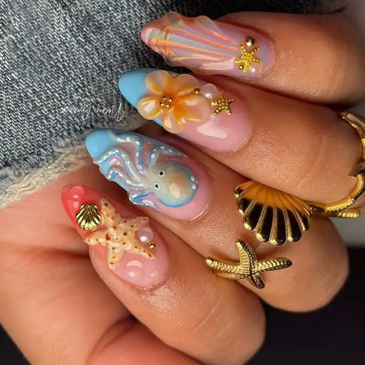 24Pcs Light Blue Gradient Almond False Nails French Designs Handmade Fashion Flowers Starfish Stick on Nails Summer for Vacation