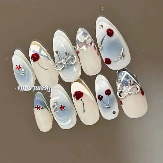 10Pcs Handmade Press on Nails Summer Fruit Decor False Nails Full Cover Wearable Sweet Orange Banana Almond Fake Nail Tips Art