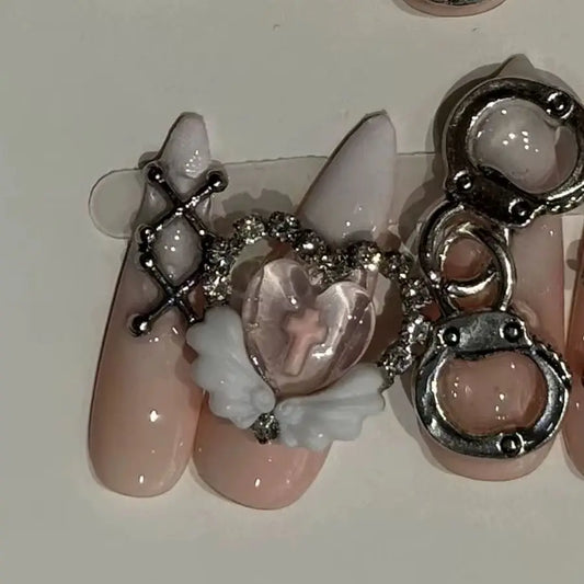 10Pcs French Exquisite Handmade Press on Nails Black Bow Rhinestone Glitter Design Long Manicure Wearable Fake Nail Tips Set 네일팁