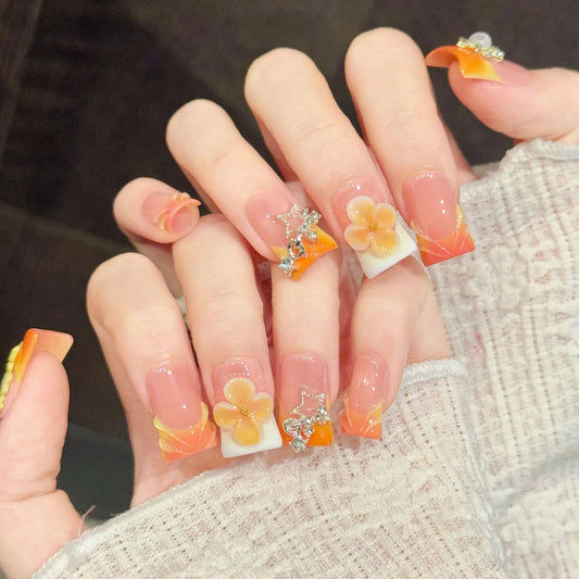 10Pcs Nude Pink Square Duckbill Artificial Nails French White Edge Press on Nails 3D Flowers Stars Rhinestone Fake Nails Fashion