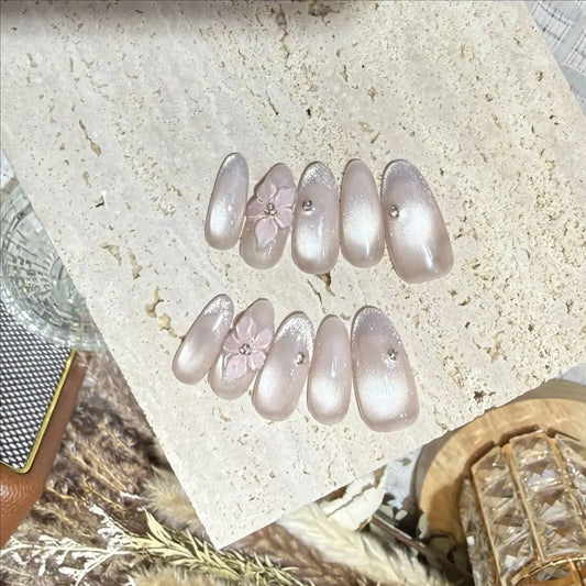 10pcs Handmade Wine-red Bow False Nails French Style Almond Fake Nail Cat Eye Love Heart Rhinestone Design Press on Acrylic Nail