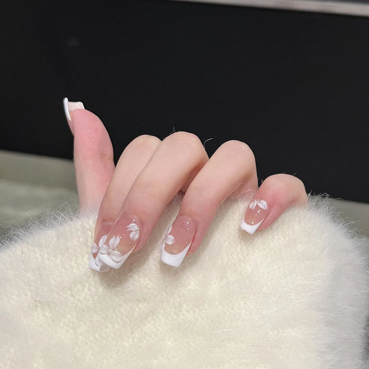 10Pcs Short Green Cat Eye Handmade Press on Nails with Sunflower Polka Dots Designs French Fake Nails Art Wearable Manicure Set