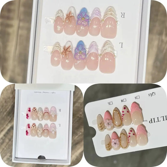 10Pcs/set French Almond False Nails Art Light Pink Flowers Decorations Stick on Nails Fashion Simple Wearable Manicure for Women