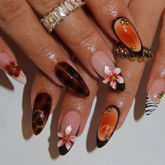 24PCS Summer Colorful Almond False Nail with 3D Flower Beach Paintings Press on Fake Nail Full Cover Wearable Manicure for Women