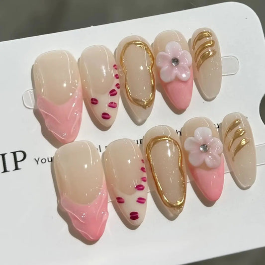 10Pcs/set French Almond False Nails Art Light Pink Flowers Decorations Stick on Nails Fashion Simple Wearable Manicure for Women