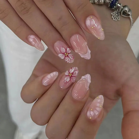 24 pieces of Y2K-style almond-shaped 3D gel flowers in white, with gold beads for decoration, for French manicure patches