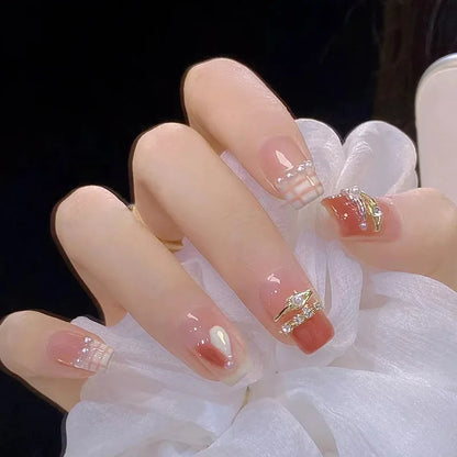 24Pcs Short Square False Nails Press on Blue Irregular French Love Heart Fake Nails Shiny Powder Wearable Full Cover Nails Tips