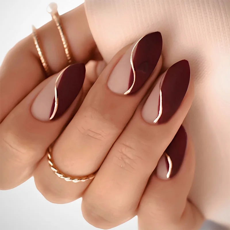 24pcs Wave Lines French Design False Nail Long Almond Nails Sets Press on Simple Shiny Powder Pattern Reusable Fake Nails Tips