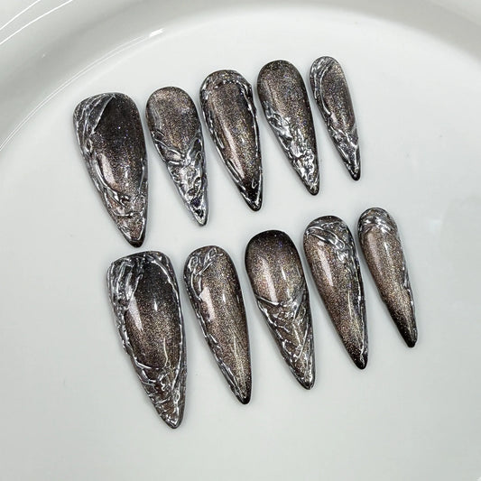 10Pcs Handmade Press on Nails 3D Aurora Wearing Fake Nails Diamond Designs Long Almond Stiletto Detachable Spice Girl Manicure