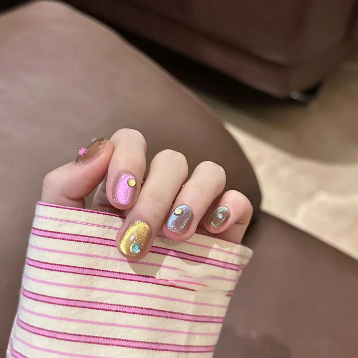 10Pcs Cat Eye Handmade Press on Nails Candy Color Fake Nails Summer Cute Wearable Stick-on Nails Full Cover False Nail Uñas 네일팁