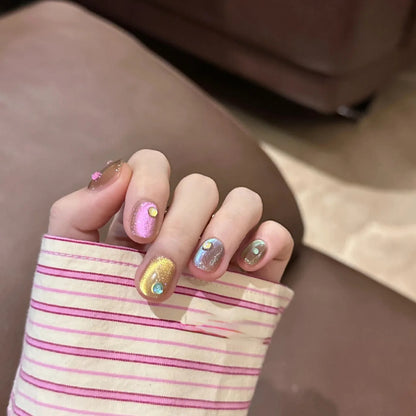 10Pcs Cat Eye Handmade Press on Nails Candy Color Fake Nails Summer Cute Wearable Stick-on Nails Full Cover False Nail Uñas 네일팁