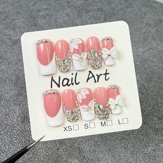 10pcs high-end Light luxury and sweet, dazzling nude pink full of diamonds, hand-painted three-dimensional flower bow handmade