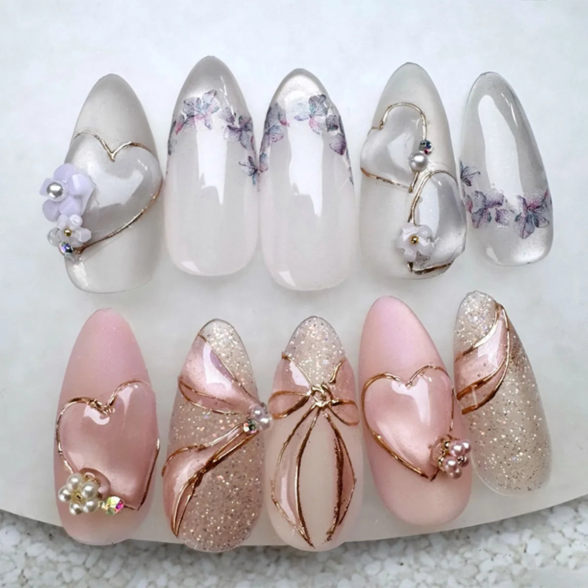 24pcs Long Almond Press on Nails Gold Bow Fake Nails Cherry Pattern False Nail Artificial Tips Накладные Ногти Uñas Postizas 네일팁