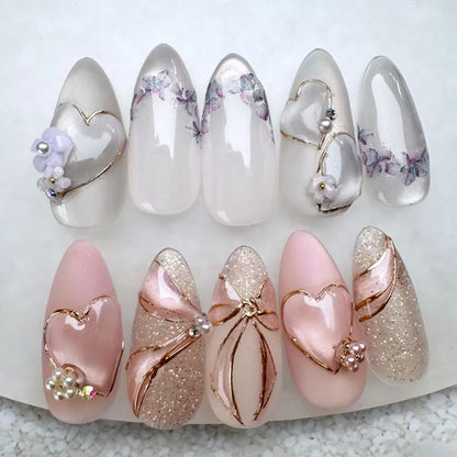 24pcs Long Almond Press on Nails Gold Bow Fake Nails Cherry Pattern False Nail Artificial Tips Накладные Ногти Uñas Postizas 네일팁