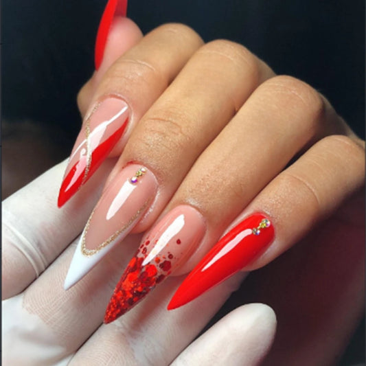 24Pcs Red Glitter Press on Nails with Long Tips Simple Sweet Cool Nail Stickers Wearable Fresh Finished Reusable False Nails Set