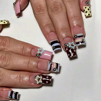 24pcs Mid-length Coffin False Nails Dark Metal Bows Heart Decor Black Gothic Style Press On Nails Polka Dot French Fake Nail