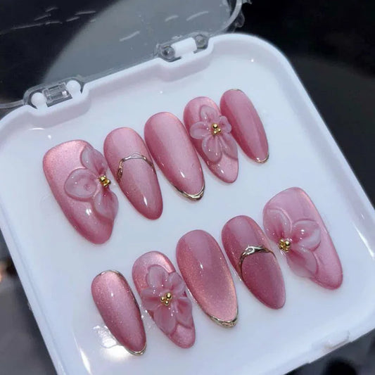 24pcs Cat's Eye Pink Purple False Nails Art Gilded Lines Tip Almond Press on Nails Flower Design Fake Nail Acrylic Stick on Nail
