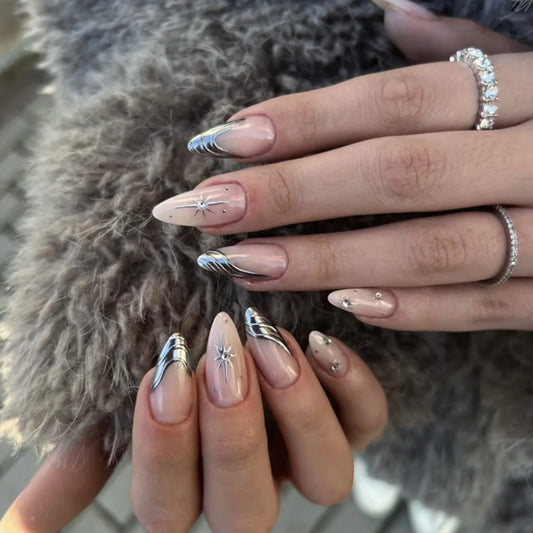 24pcs Sliver Edge French Fake Nail Tips Y2k Sweet Cool Almond Press on Nail Wearable Detachable Fashion Spicy Girls False Nails