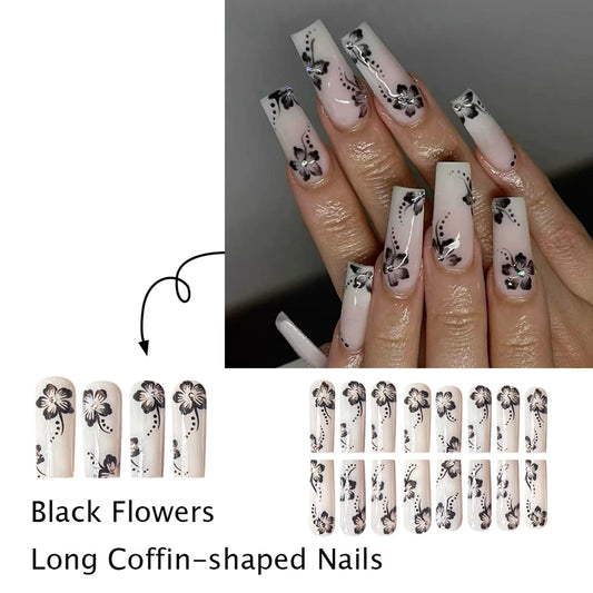 White Long Coffin Fake Nails Spicy Girls Charm Manicure 24Pcs Women Ballerina Press On Nails Black Flower Printed Nails Art