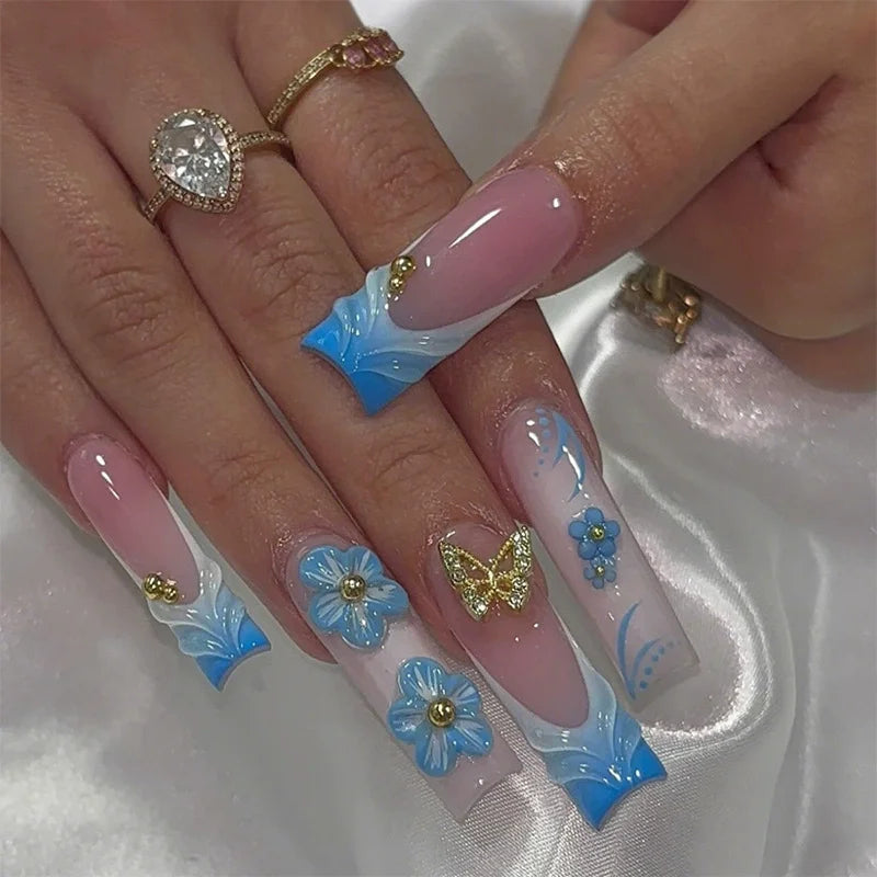 Monarch – Glitter Butterfly French Long Coffin Press-On Nails