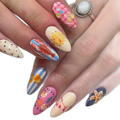 24PCS Almond Beach Theme Press on Nails Lobster Puffer Fish Starfish Design False Nails European American Sweet Spicy Nails Art